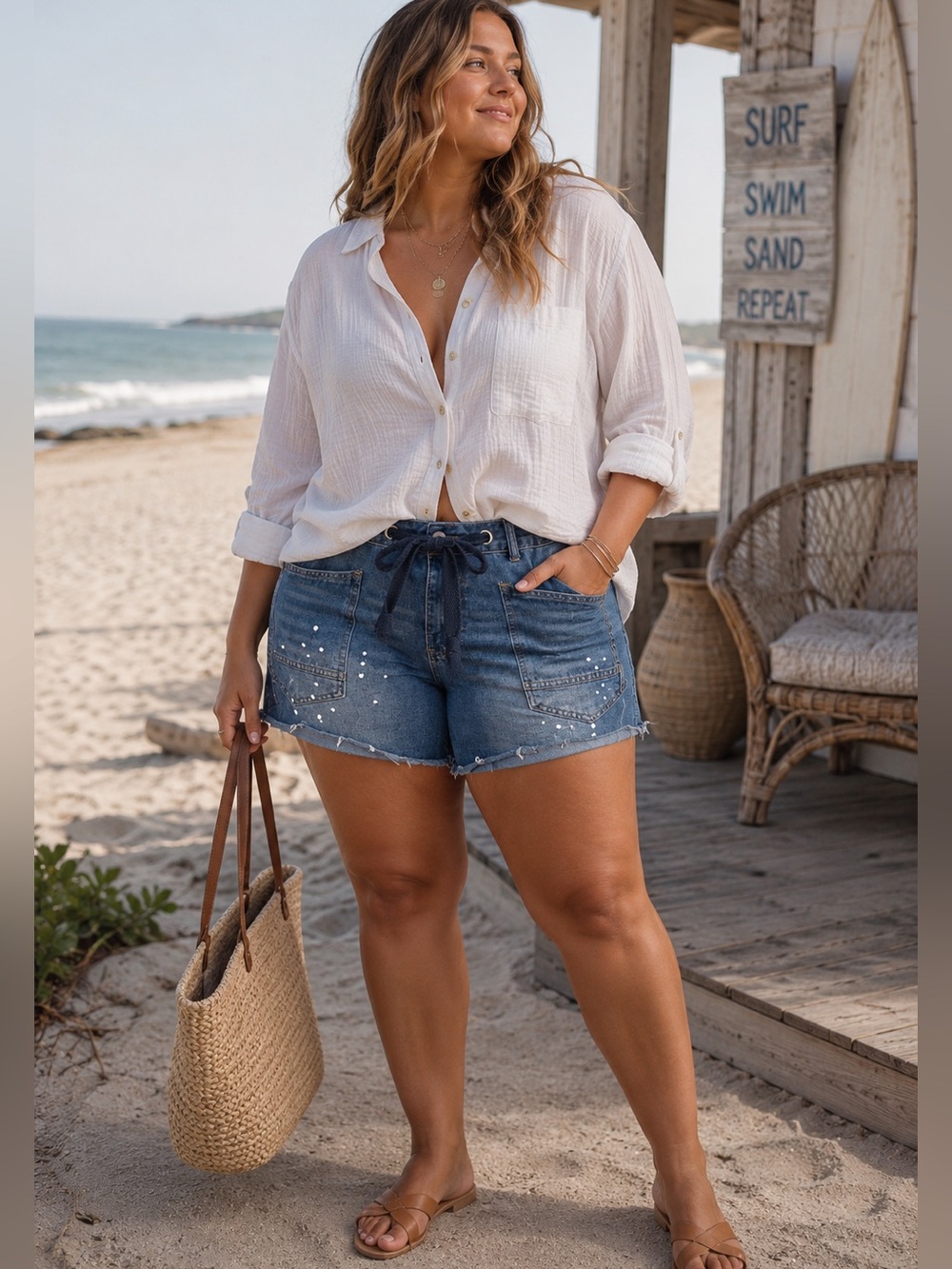 SHEIN Tie Front Raw Hem High Waist Beachy Coastal Casual Denim Shorts Size L